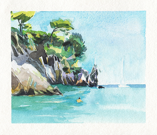 La plage de la baie des Milliardaires, cap d'Antibes. Aquarelle, Delphine Priollaud-Stoclet
